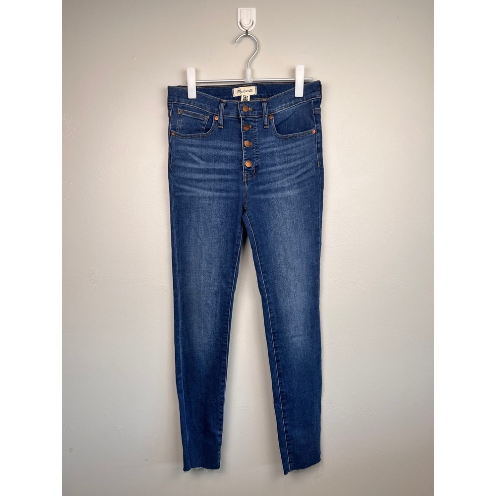 Madewell 9" Mid-Rise Skinny Jeans Button Fly Raw Hem Dark Wash Size 27